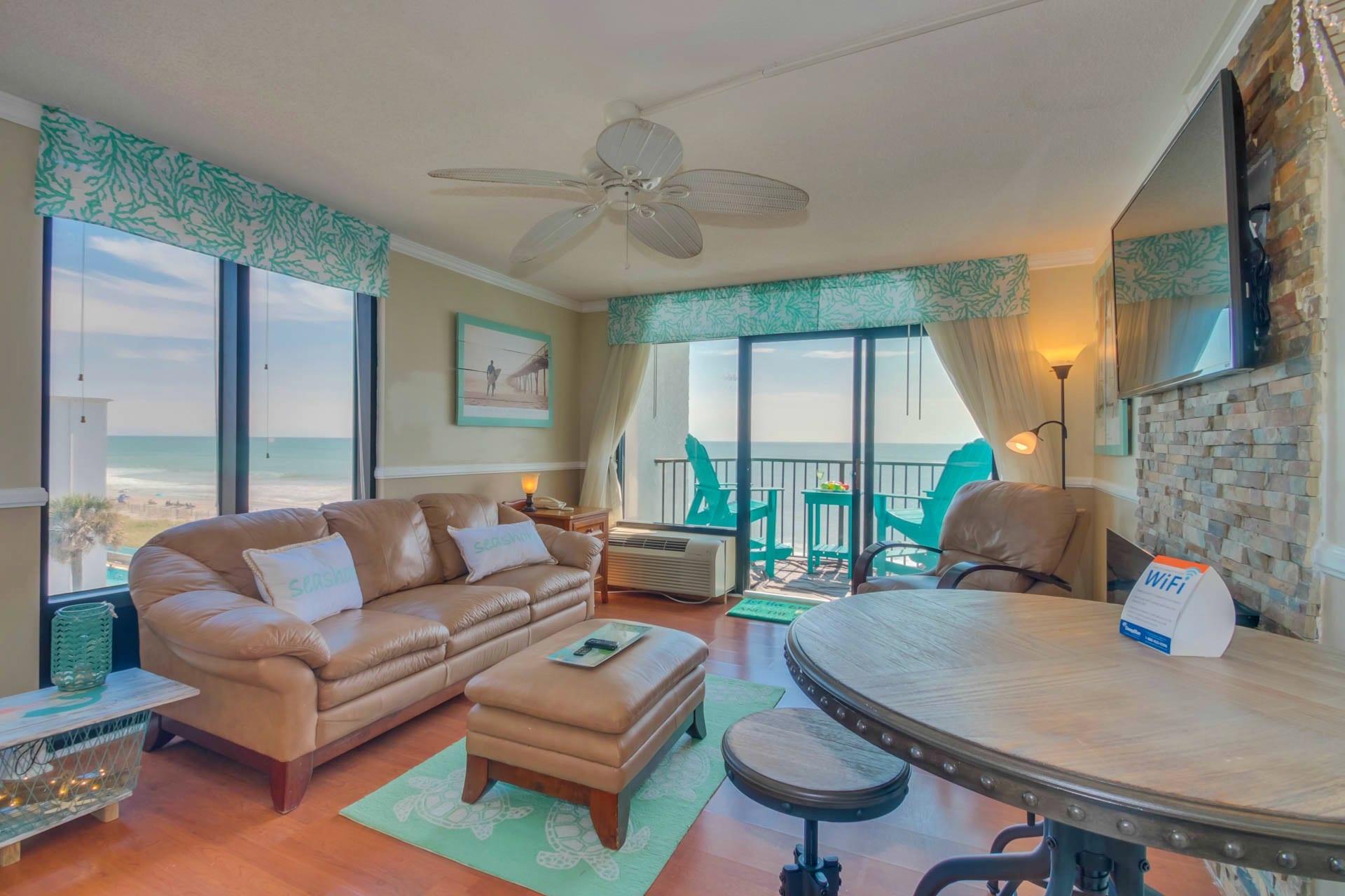 A beach suite with aqua colored touches